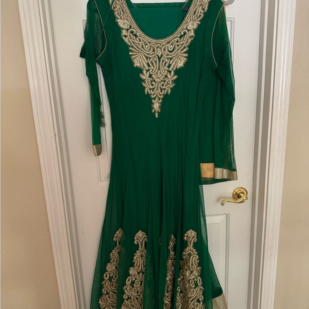 Emerald Green Long Sleeve Dress with Gold Detailing